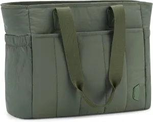 VASCHY Puffer Tote Bag for Women, Lightweight Quilted Tote Purse with Laptop Compartments Zipper for Work/Teacher/Travel/Gym Sage Green