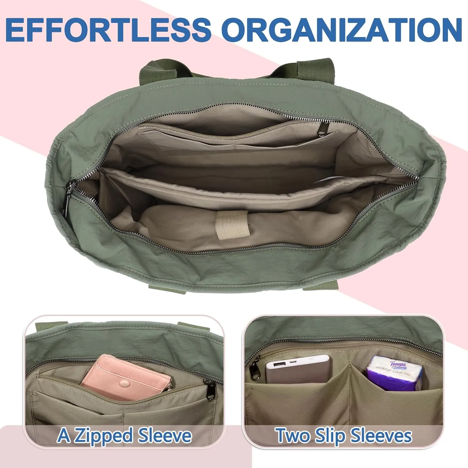 VASCHY Puffer Tote Bag for Women, Lightweight Quilted Tote Purse with Laptop Compartments Zipper for Work/Teacher/Travel/Gym Sage Green
