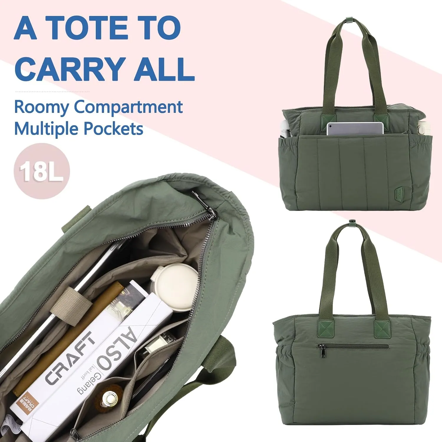 VASCHY Puffer Tote Bag for Women, Lightweight Quilted Tote Purse with Laptop Compartments Zipper for Work/Teacher/Travel/Gym Sage Green