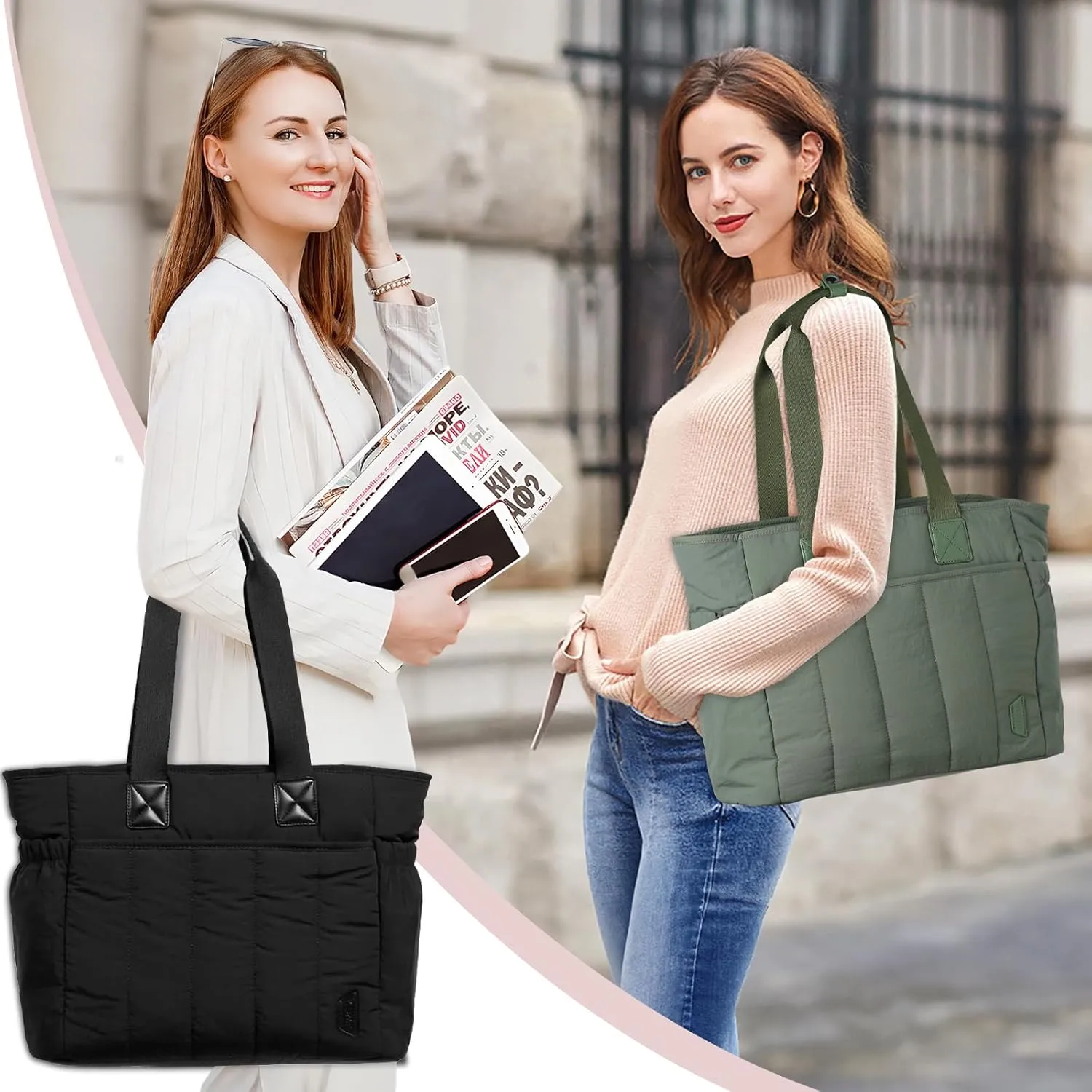 VASCHY Puffer Tote Bag for Women, Lightweight Quilted Tote Purse with Laptop Compartments Zipper for Work/Teacher/Travel/Gym Sage Green
