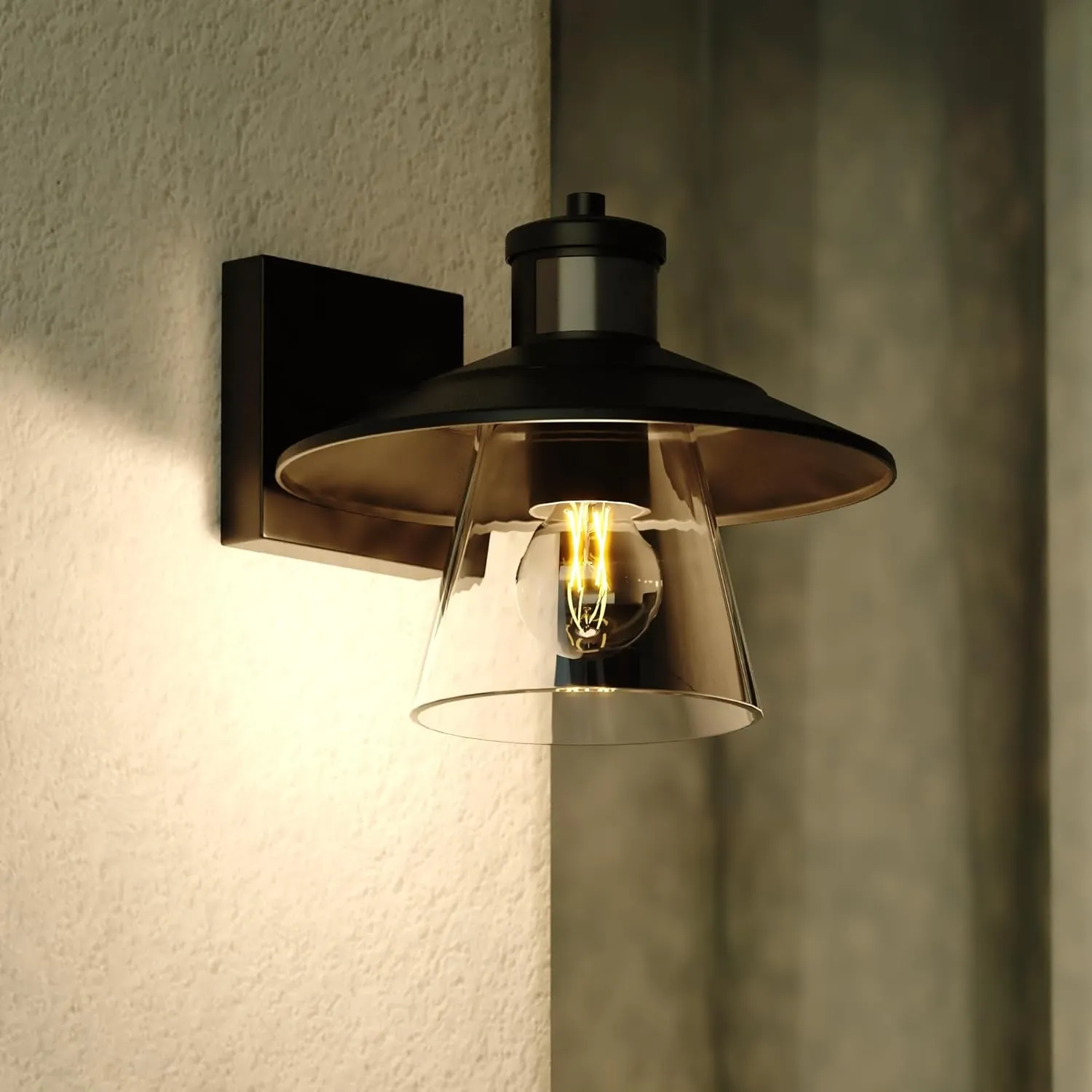 VAXCEL Westport Steel LED Compatible Black Motion Sensor Dusk to Dawn Outdoor Wall Light Coastal Clear Glass