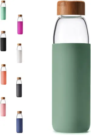 veegoal 18 Oz Borosilicate Glass Water Bottles with Bamboo Lid, BPA-FREE, Non-Slip Silicone Sleeve, and Stainless Steel Leak Proof Lid - Reusable Glass Bottle for Men and Women