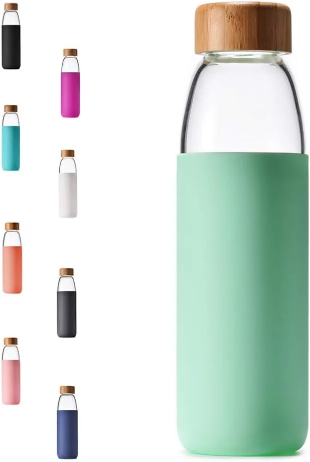 veegoal 25 Oz Borosilicate Glass Water Bottles with Bamboo Lid, BPA-FREE, Non-Slip Silicone Sleeve, and Stainless Steel Leak Proof Lid - Reusable Glass Bottle for Men and Women