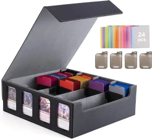 Venssu Card Storage Box for Trading Cards with Card Supporters, 3000  MTG Deck Box with 24 Colorful Divider Tabs, Trading Card Storage with Viewing Windows Fits for Magic Game(Black and Grey)