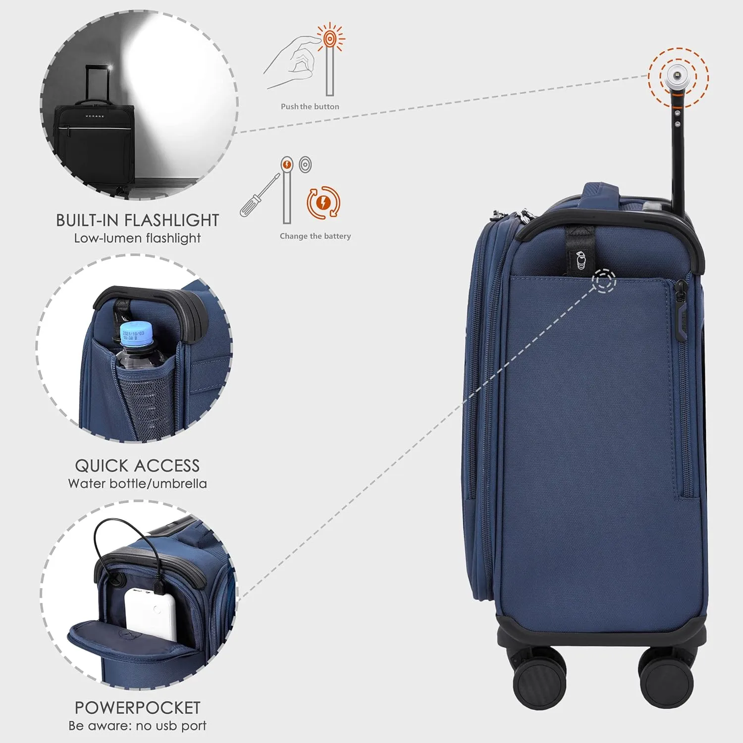 Verage Toledo Underseat Carry On Luggage 15-Inch Softside Small Suitcase with Spinner Wheels & USB Port (Navy, Carry-On 15-Inch)
