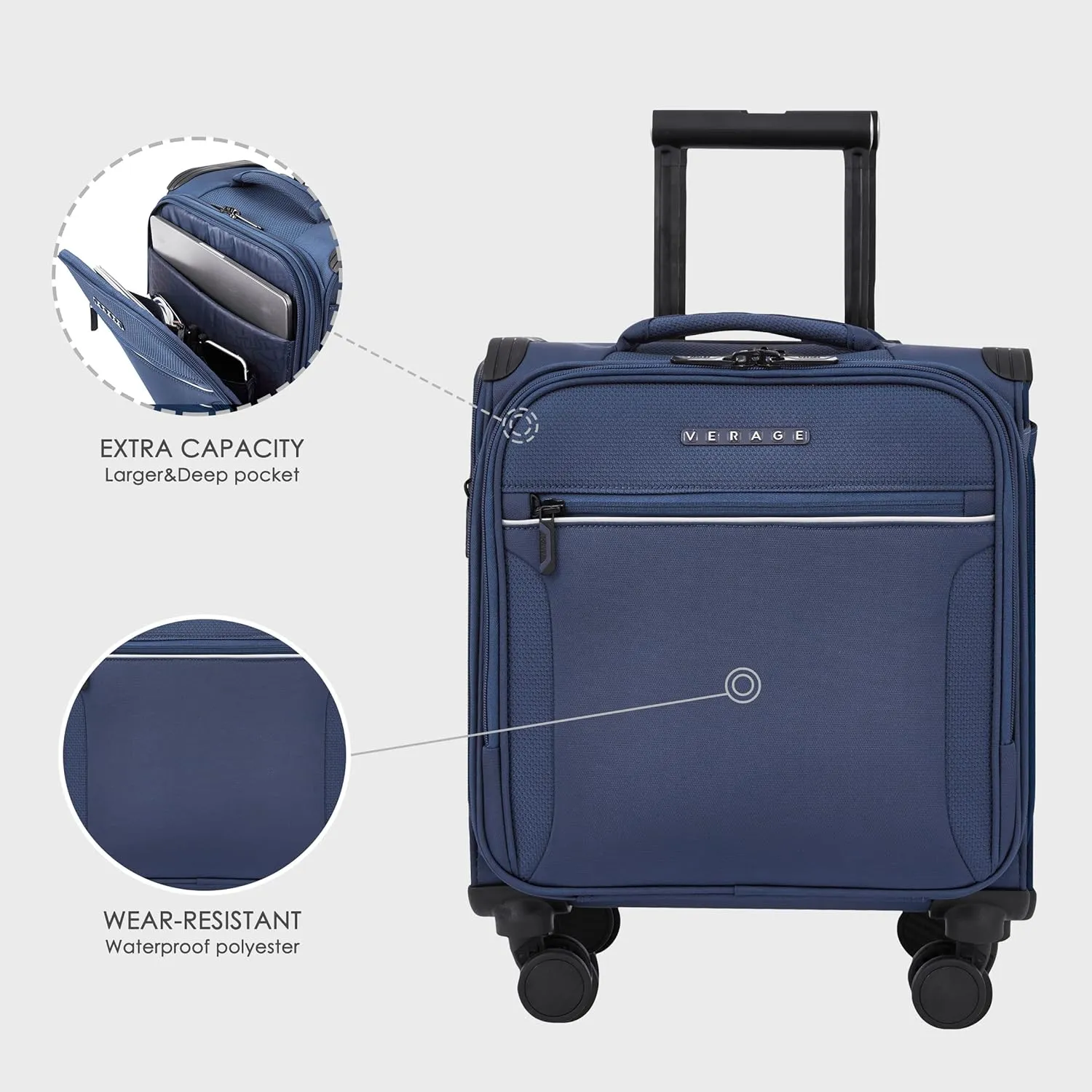 Verage Toledo Underseat Carry On Luggage 15-Inch Softside Small Suitcase with Spinner Wheels & USB Port (Navy, Carry-On 15-Inch)