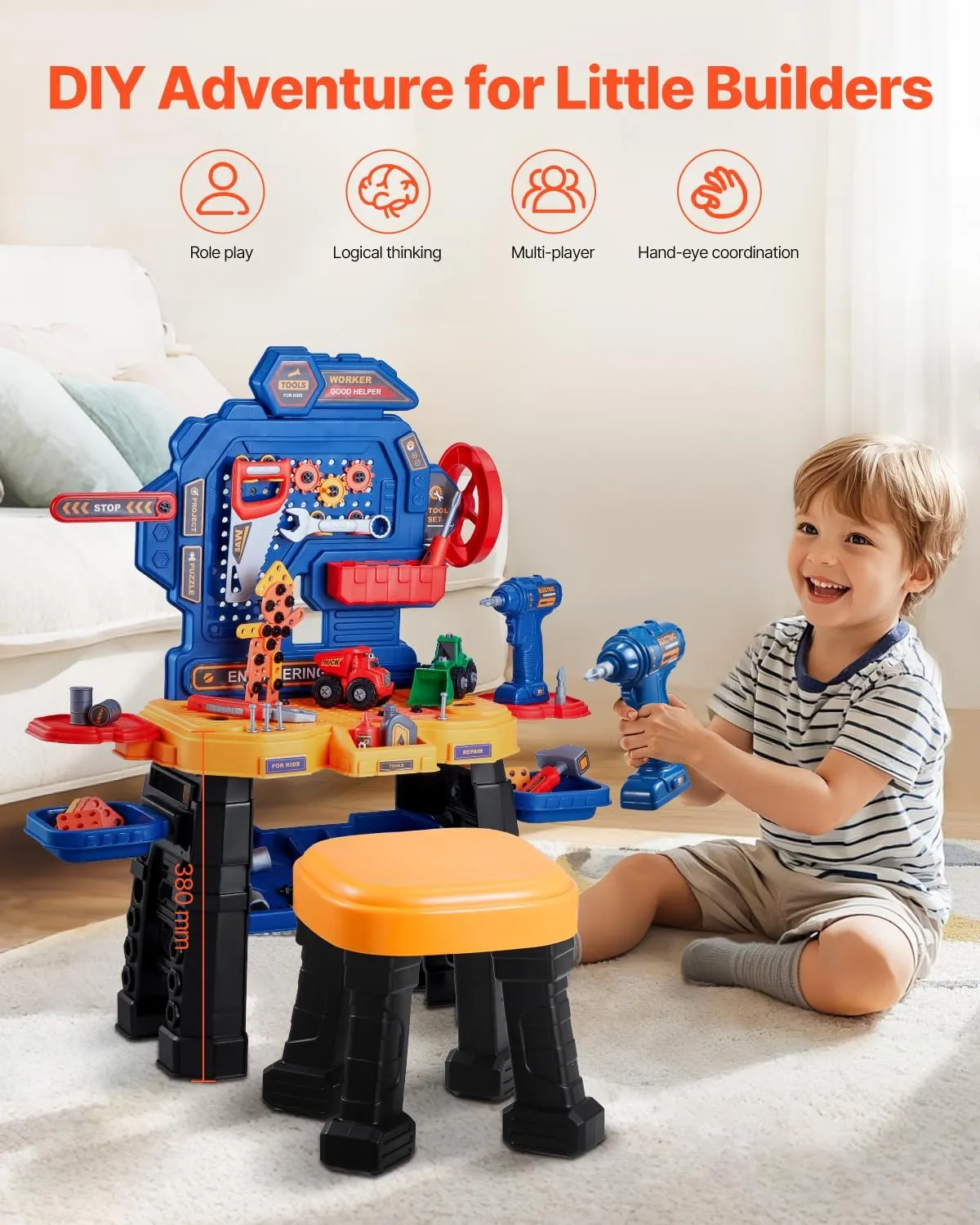 VEVOR Kids Workbench, 181 pcs, Kids Tool Bench with Realistic Tools and Electric Drill, Pretend Play Construction Workbench Toys for Toddlers, Toddler Work Bench Learning Gift for Boys & Girls Age 3 