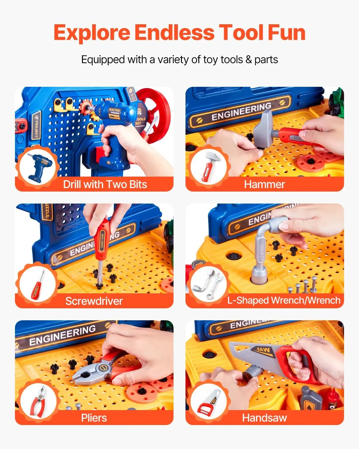 VEVOR Kids Workbench, 181 pcs, Kids Tool Bench with Realistic Tools and Electric Drill, Pretend Play Construction Workbench Toys for Toddlers, Toddler Work Bench Learning Gift for Boys & Girls Age 3 