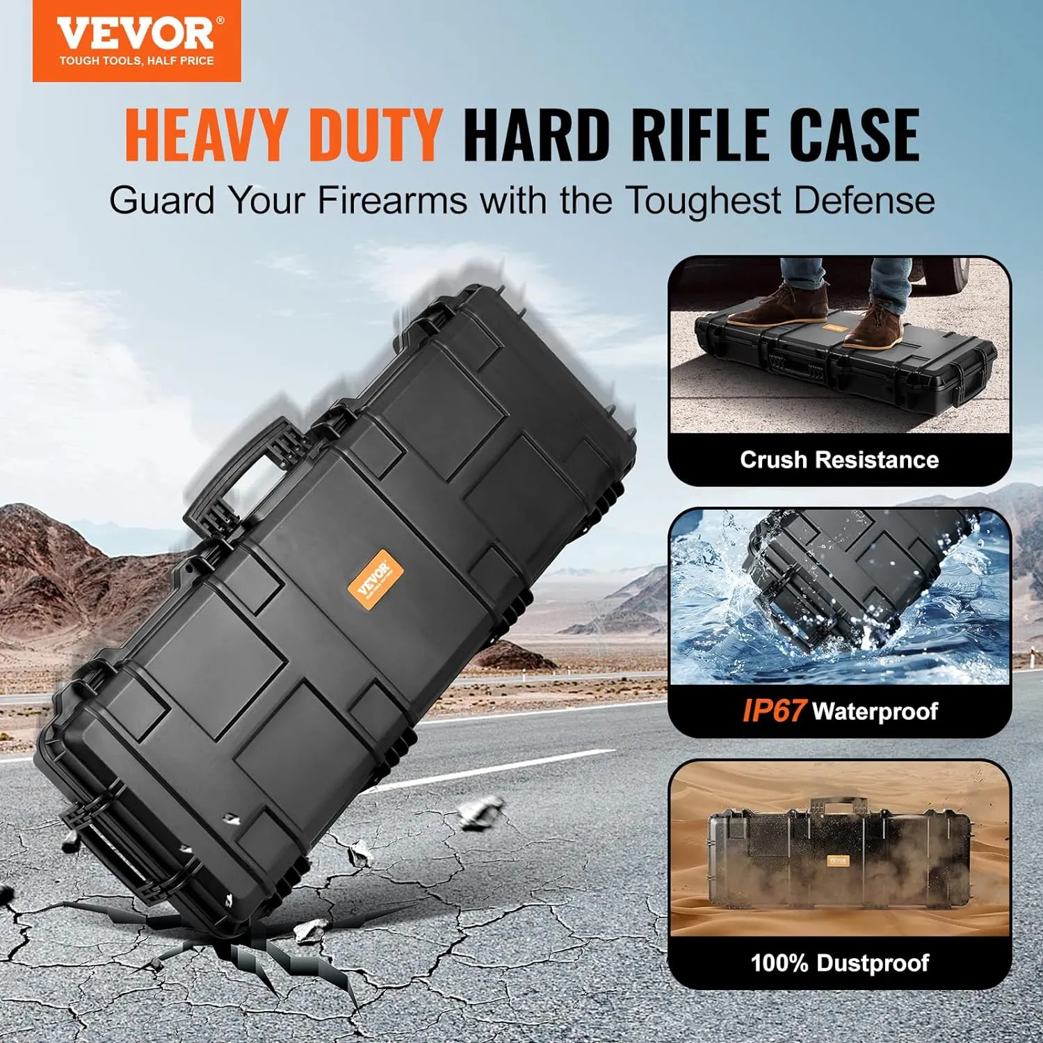VEVOR Rifle Case, Rifle Hard Case with 3 Layers Fully-protective Foams, 42 inch Lockable Hard Gun Case with Wheels, IP67 Waterproof & Crushproof, for Two Rifles or Shotguns, Black