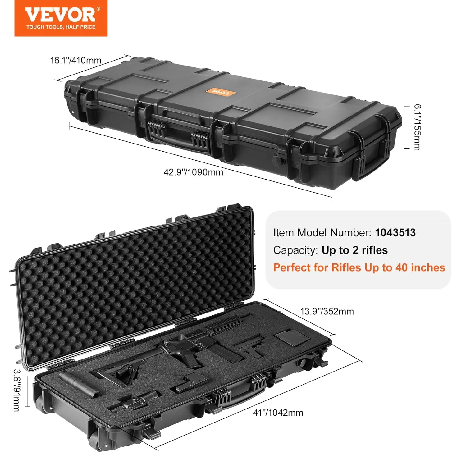 VEVOR Rifle Case, Rifle Hard Case with 3 Layers Fully-protective Foams, 42 inch Lockable Hard Gun Case with Wheels, IP67 Waterproof & Crushproof, for Two Rifles or Shotguns, Black