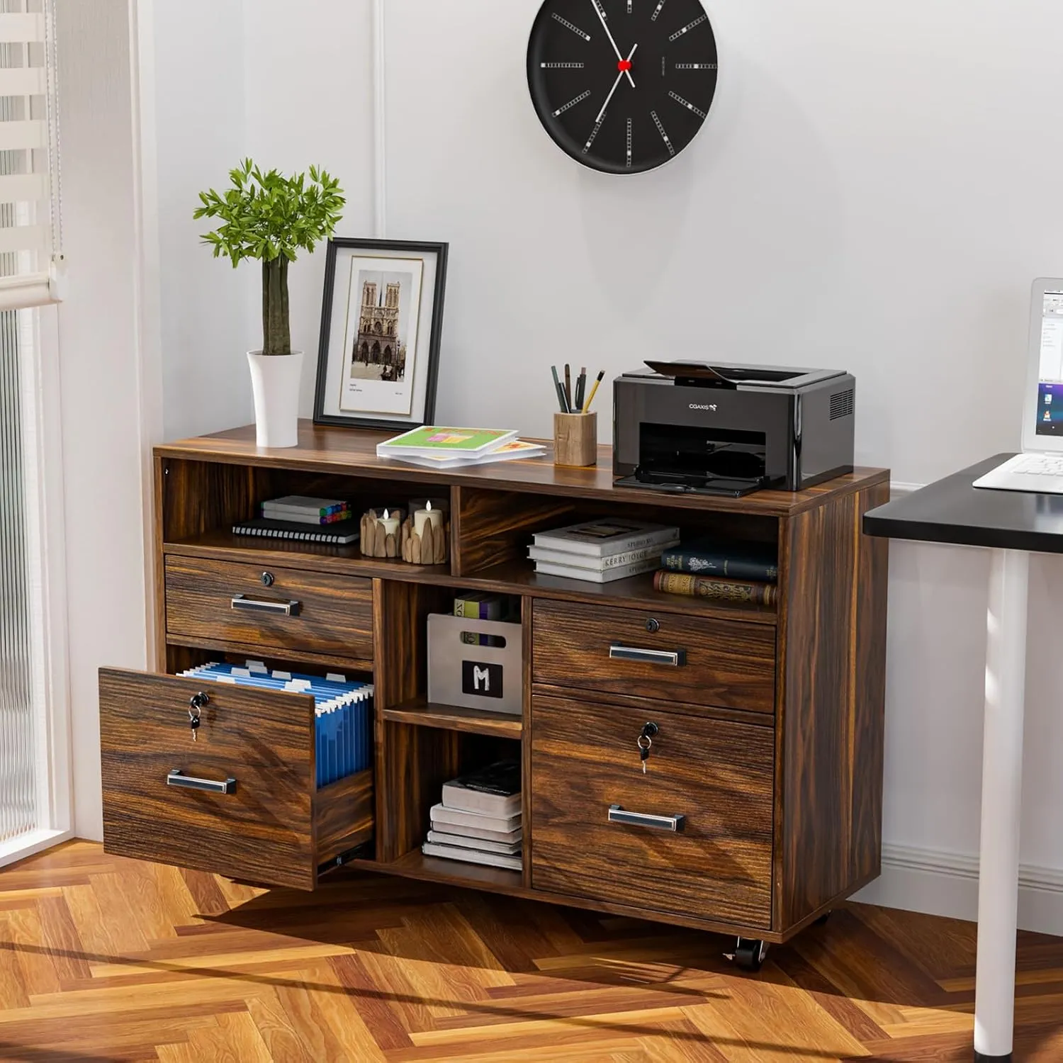 VINGLI Wide 4 Drawer File Cabinet with Lock, Wood Lateral File Cabinet with Open Shelves, Lockable Rolling File Cabinets for Home Office, Dark Brown File Cabinet Printer Stand, Letter Sized