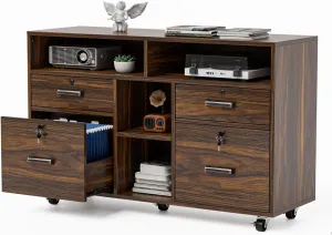 VINGLI Wide 4 Drawer File Cabinet with Lock, Wood Lateral File Cabinet with Open Shelves, Lockable Rolling File Cabinets for Home Office, Dark Brown File Cabinet Printer Stand, Letter Sized