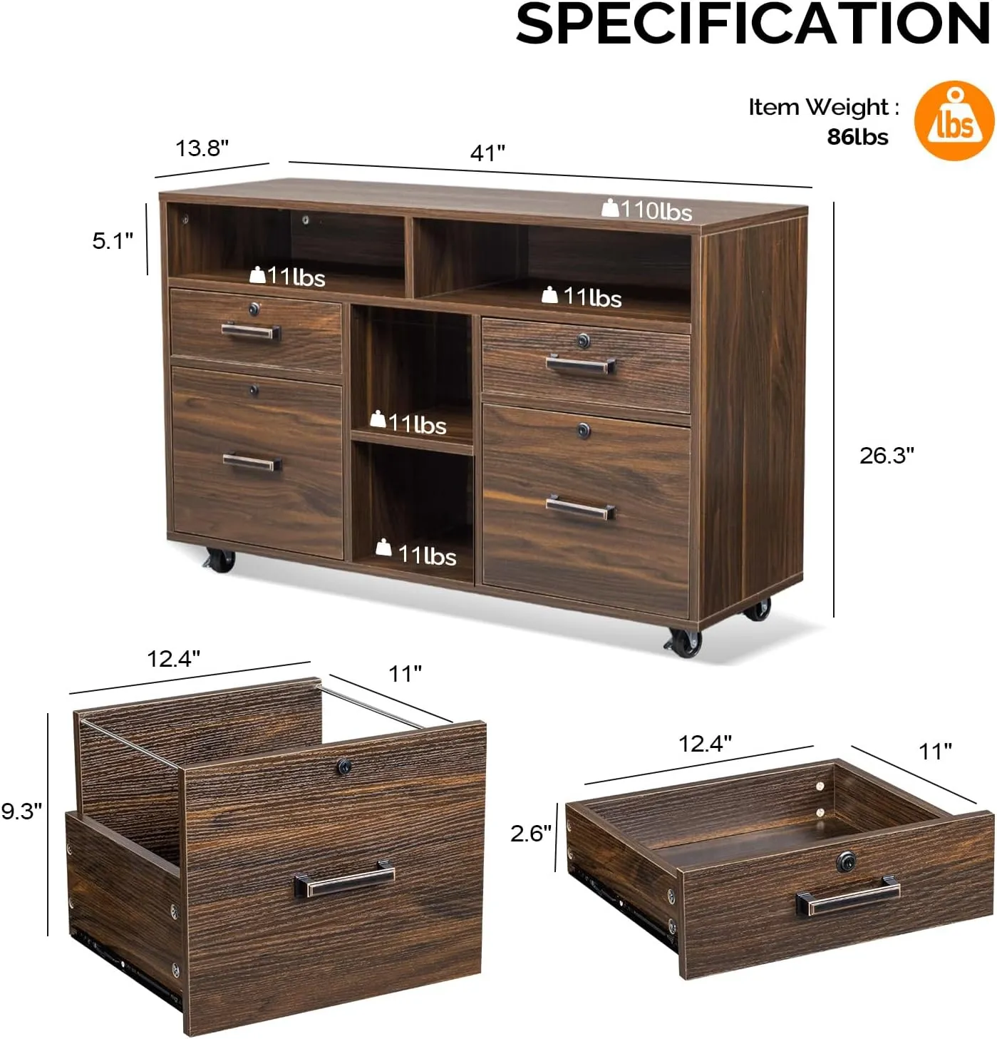 VINGLI Wide 4 Drawer File Cabinet with Lock, Wood Lateral File Cabinet with Open Shelves, Lockable Rolling File Cabinets for Home Office, Dark Brown File Cabinet Printer Stand, Letter Sized