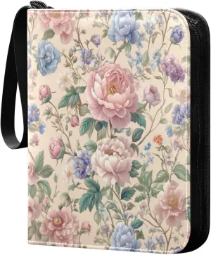 Vintage Colorful Floral Pattern Cards Binder 4 Pocket Fits 400 Cards with 50 Removable Sleevesves, Trading Card Collector Zipper Album Holder Portable Card Games Display Storage Cases