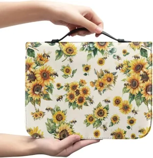 Vintage Floral Bible Cover for Women Brightly Colored Sunflowers Lightweight Pu Leather Book Case Large Bible Cover Case with Handle and Pockets Gifts for Men Kids