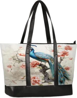 Vintage Floral Peacock Laptop Tote Bag for Women Lightweight Work Purse with Multiple Compartments Fits 13-15.6 Inch Laptop Tablet Shoulder Bag for Office Travel Daily Use