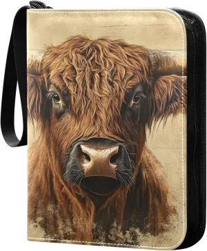 Vintage Highland Cow Card Binder 4 Pocket Trading Card Album Fits 400 Sports/Game Cards, PU Cover 3 Ring Card Collection with 50 Removable Sleeves