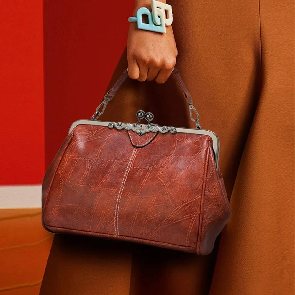Vintage Kiss Lock Handbags for Women Oil Leather Evening Clutch Satchel Purse Tote
