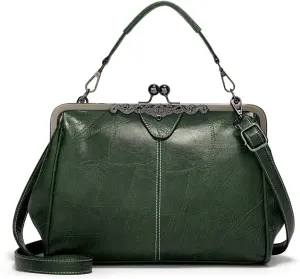Vintage Kiss Lock Handbags for Women Oil Leather Evening Clutch Satchel Purse Tote