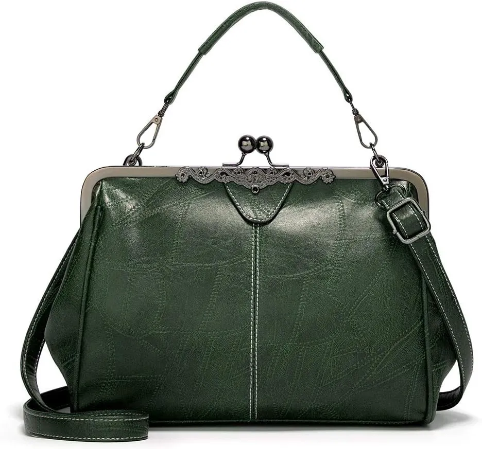 Vintage Kiss Lock Handbags for Women Oil Leather Evening Clutch Satchel Purse Tote