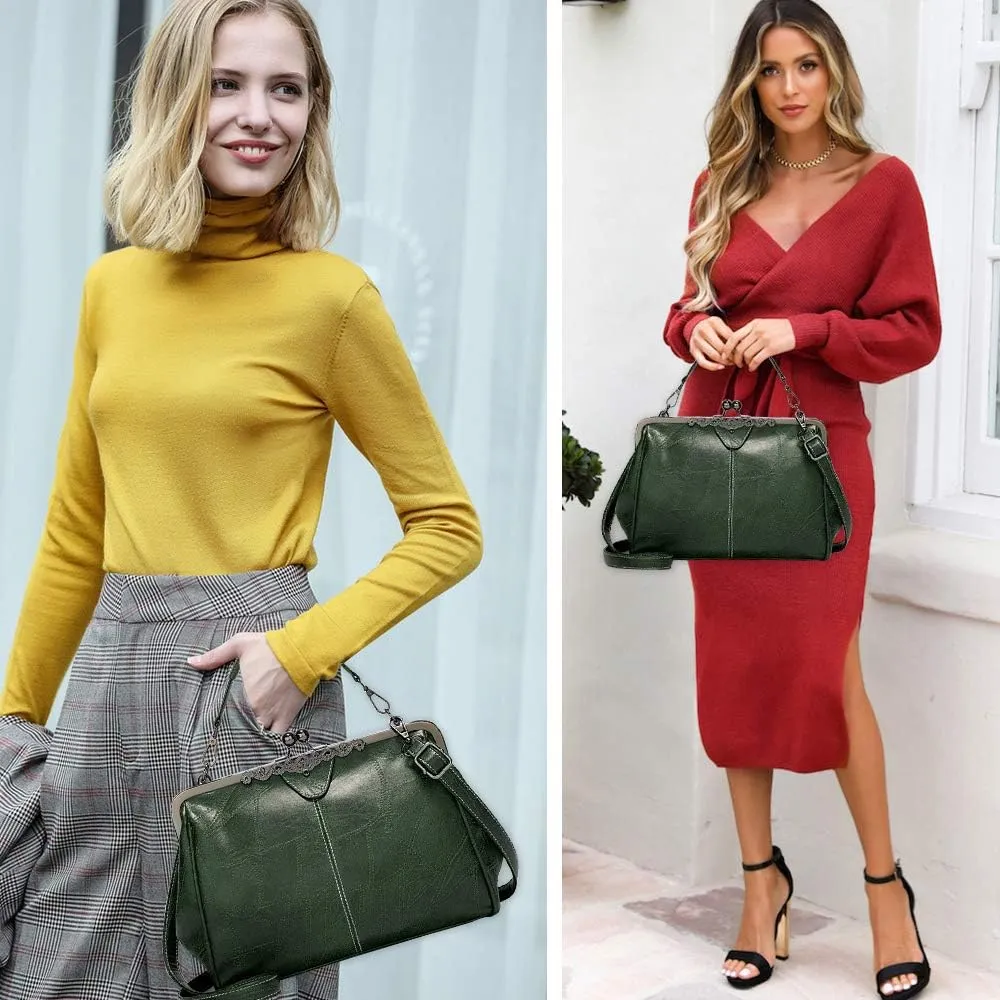 Vintage Kiss Lock Handbags for Women Oil Leather Evening Clutch Satchel Purse Tote