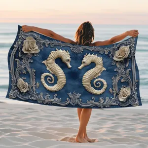 Vintage Seahorses Floral Microfiber Beach Towel Navy Blue Elegant Seahorses Design Quick Dry Absorbent Sand Free Oversized Lightweight Beach Blanket Vacation Picnic Essentials 62x31 Inch