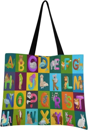 visesunny Animals Alphabet Set Abc Education In Pre Floral Water Resistant Large Tote Bag with Inner Pocket Shoulder Bag for Gym Beach Travel Daily Bags