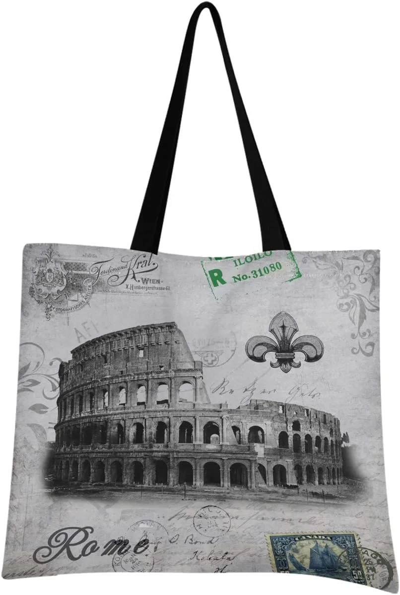 visesunny Italy Ancient Rome Arena-Colosseum-Colosseo Floral Water Resistant Large Tote Bag with Inner Pocket Shoulder Bag for Gym Beach Travel Daily Bags