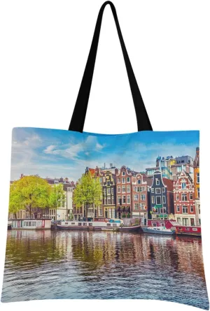 visesunny Women Extra Large Tote Bag Amstel Landmark In Old European City Shoulder Bags Ladies Beach Travel Reusable Grocery Shopping Portable Storage Handbag