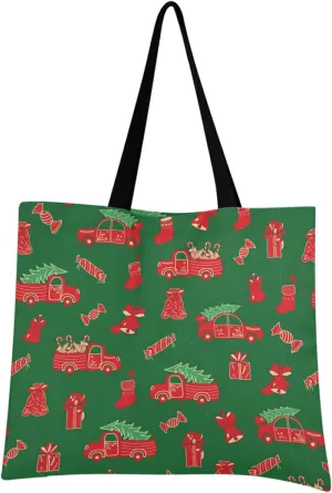 visesunny Women Extra Large Tote Bag Bell Stocking Gift Red Truck Loaded with Tree Candy Shoulder Bags Ladies Beach Travel Reusable Grocery Shopping Portable Storage Handbag