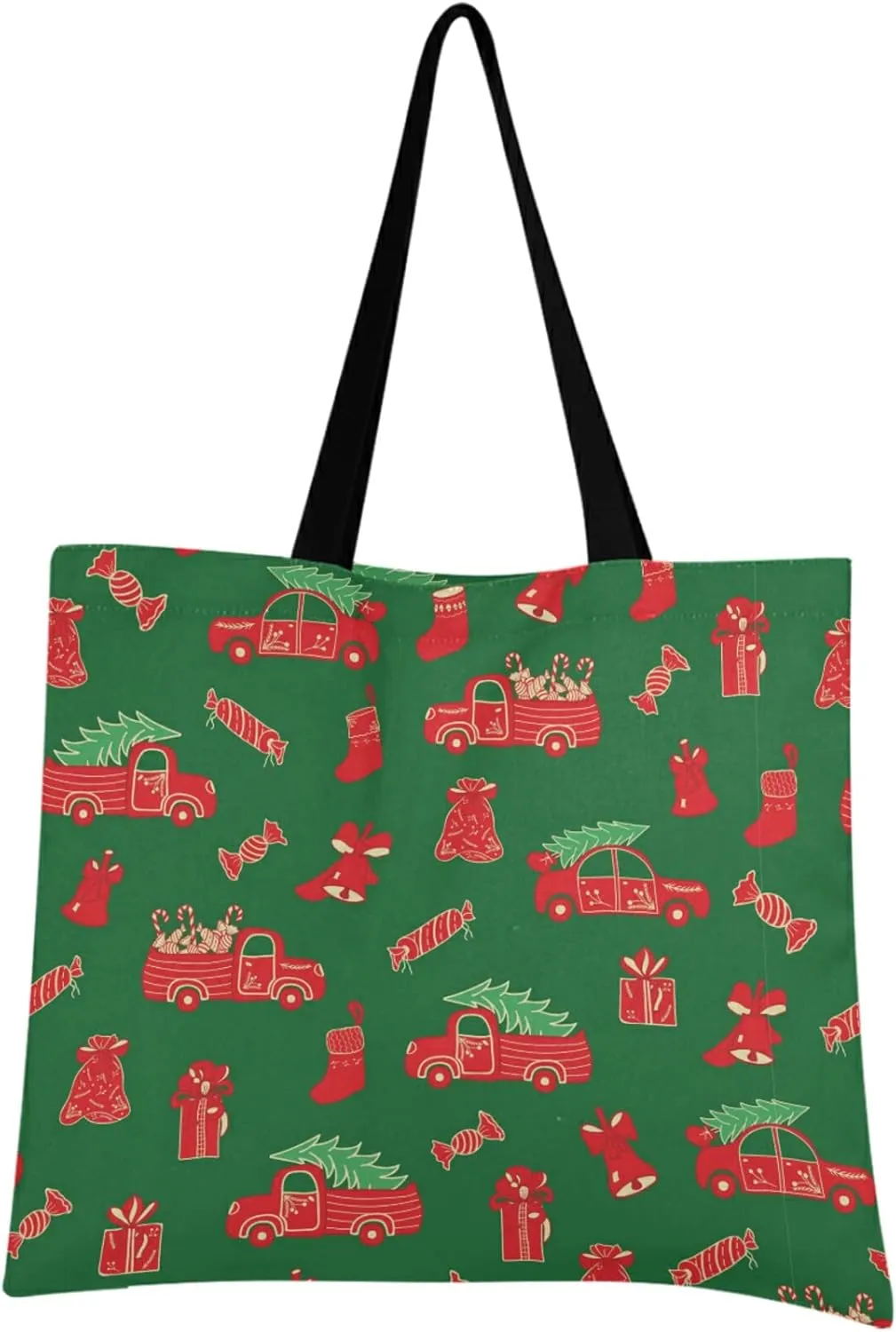 visesunny Women Extra Large Tote Bag Bell Stocking Gift Red Truck Loaded with Tree Candy Shoulder Bags Ladies Beach Travel Reusable Grocery Shopping Portable Storage Handbag