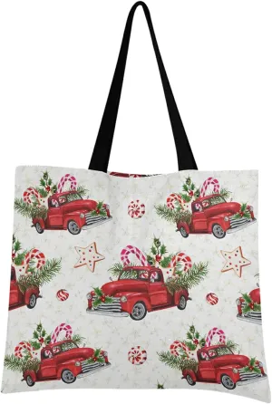 visesunny Women Extra Large Tote Bag Christmas Truck Loaded With Sweets Spruce Twigs Holly Leaf Berry Shoulder Bags Ladies Beach Travel Reusable Grocery Shopping Portable Storage Handbag