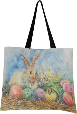 visesunny Women Extra Large Tote Bag Easter Bunny And Eggs Tulip Shoulder Bags Ladies Beach Travel Reusable Grocery Shopping Portable Storage Handbag