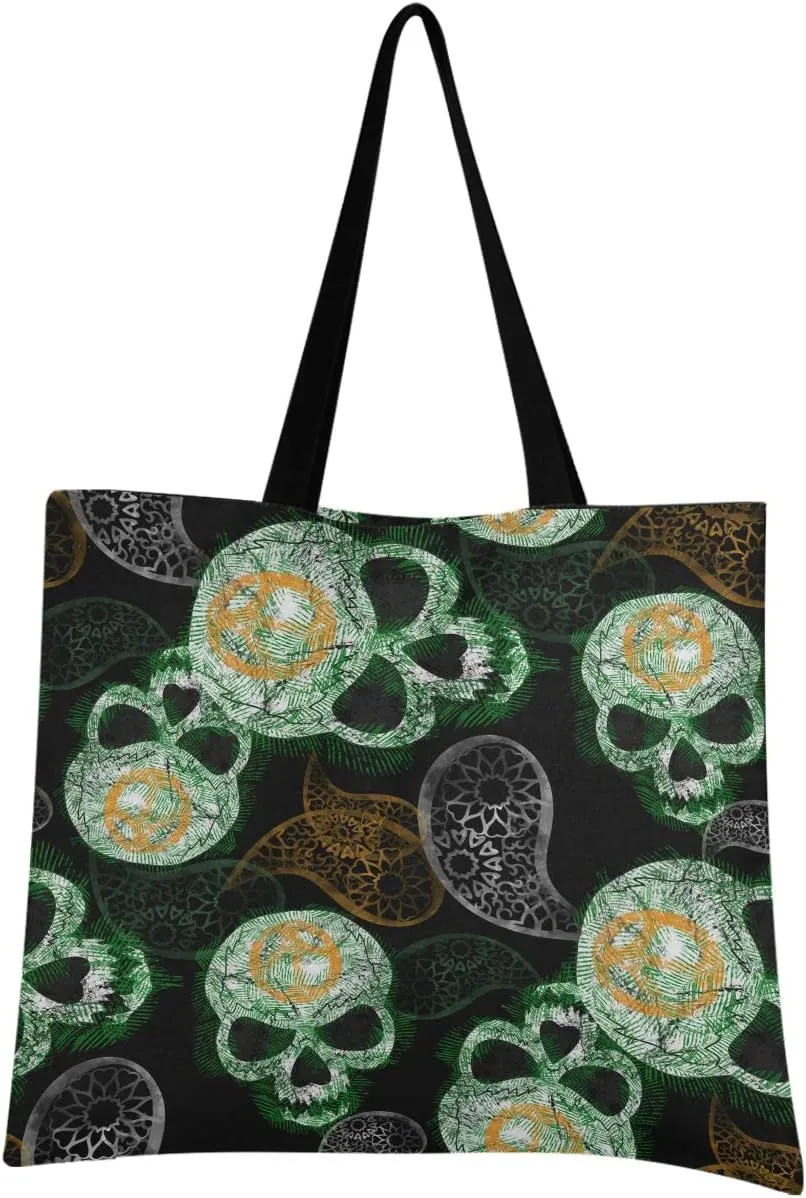 visesunny Women Extra Large Tote Bag Hippie Skull With Peace Sign Fern Leaf Shoulder Bags Ladies Beach Travel Reusable Grocery Shopping Portable Storage Handbag