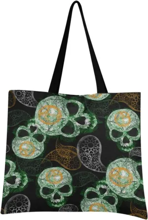 visesunny Women Extra Large Tote Bag Hippie Skull With Peace Sign Fern Leaf Shoulder Bags Ladies Beach Travel Reusable Grocery Shopping Portable Storage Handbag
