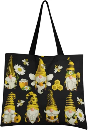 visesunny Women Extra Large Tote Bag Set Of Gnome Bee in Yellow Hat with Spoon Shoulder Bags Ladies Beach Travel Reusable Grocery Shopping Portable Storage Handbag