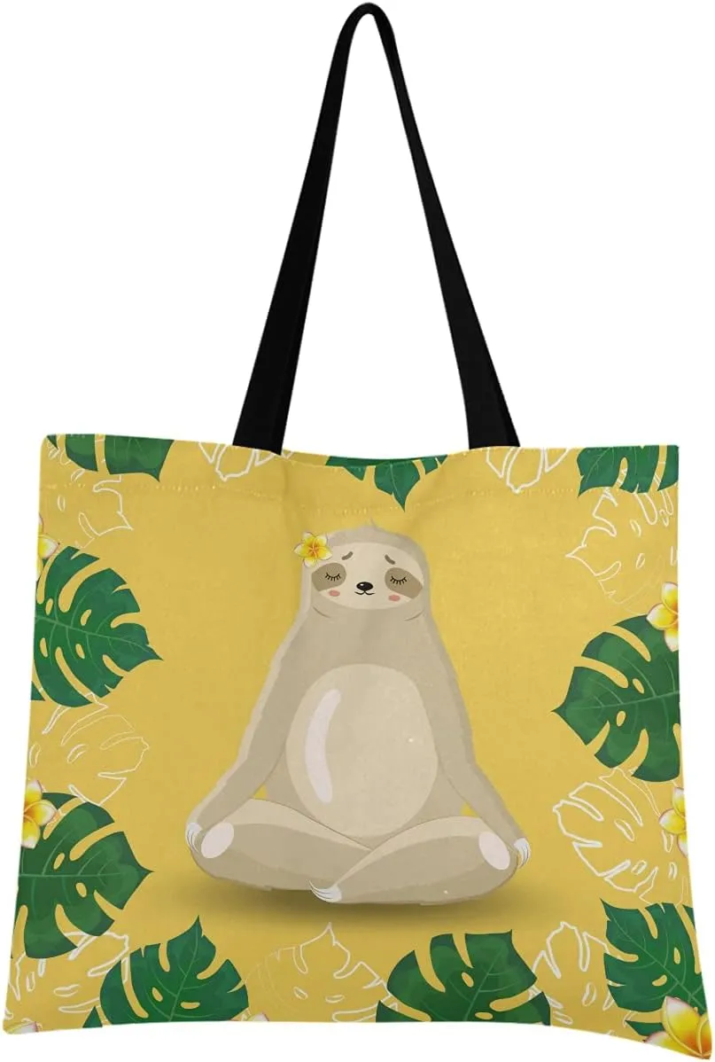 visesunny Women Extra Large Tote Bag Sloth Meditates Surrounded By Tropical Leaf Shoulder Bags Ladies Beach Travel Reusable Grocery Shopping Portable Storage Handbag
