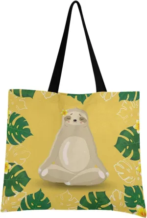 visesunny Women Extra Large Tote Bag Sloth Meditates Surrounded By Tropical Leaf Shoulder Bags Ladies Beach Travel Reusable Grocery Shopping Portable Storage Handbag