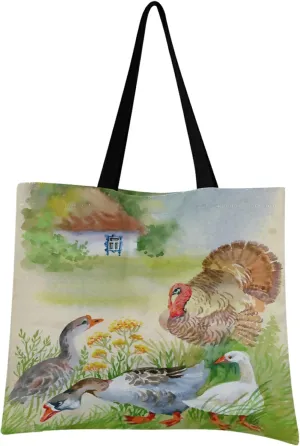 visesunny Women Extra Large Tote Bag Watercolor-Turkey-Geese-Field-Near-Farmhouse Shoulder Bags Ladies Beach Travel Reusable Grocery Shopping Portable Storage Handbag