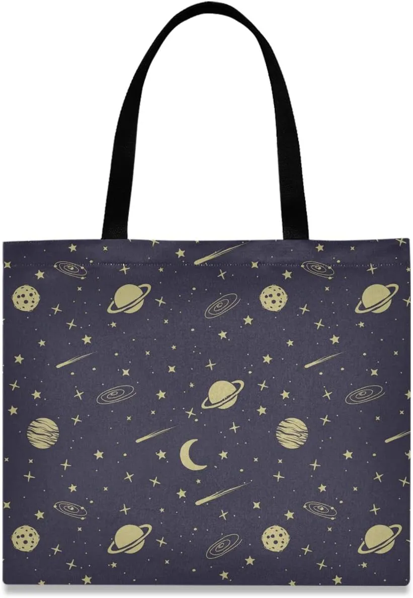visesunny Women's Large Canvas Tote Shoulder Bag Astronomic Seamless Pattern With Space Planets Comets Stars Top Storage Handle Shopping Bag Casual Reusable Tote Bag for Beach,Travel,Groceries,Books