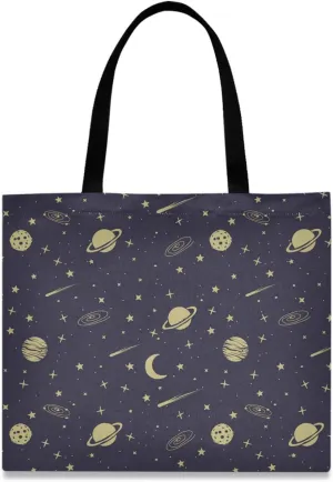 visesunny Women's Large Canvas Tote Shoulder Bag Astronomic Seamless Pattern With Space Planets Comets Stars Top Storage Handle Shopping Bag Casual Reusable Tote Bag for Beach,Travel,Groceries,Books
