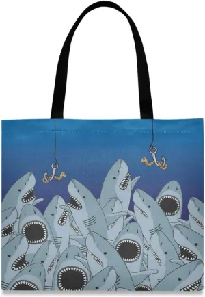 visesunny Women's Large Canvas Tote Shoulder Bag Hungry Shark Animal Top Storage Handle Shopping Bag Casual Reusable Tote Bag for Beach,Travel,Groceries,Books