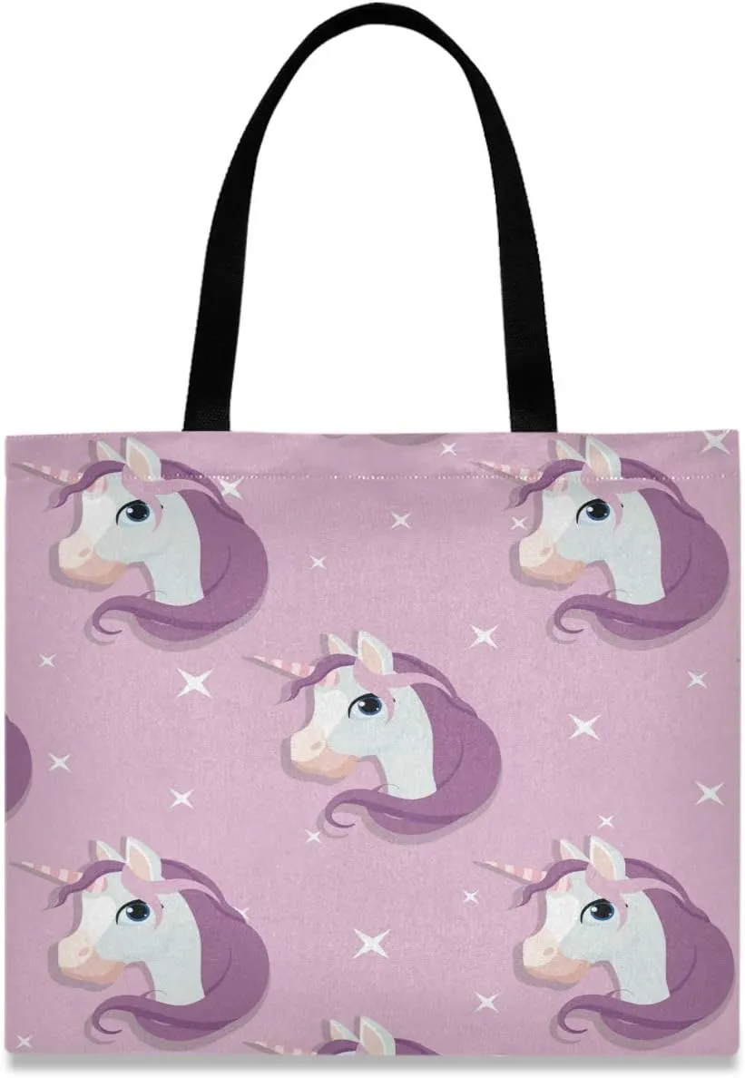 visesunny Women's Large Canvas Tote Shoulder Bag White Unicorn Star Top Storage Handle Shopping Bag Casual Reusable Tote Bag for Beach,Travel,Groceries,Books