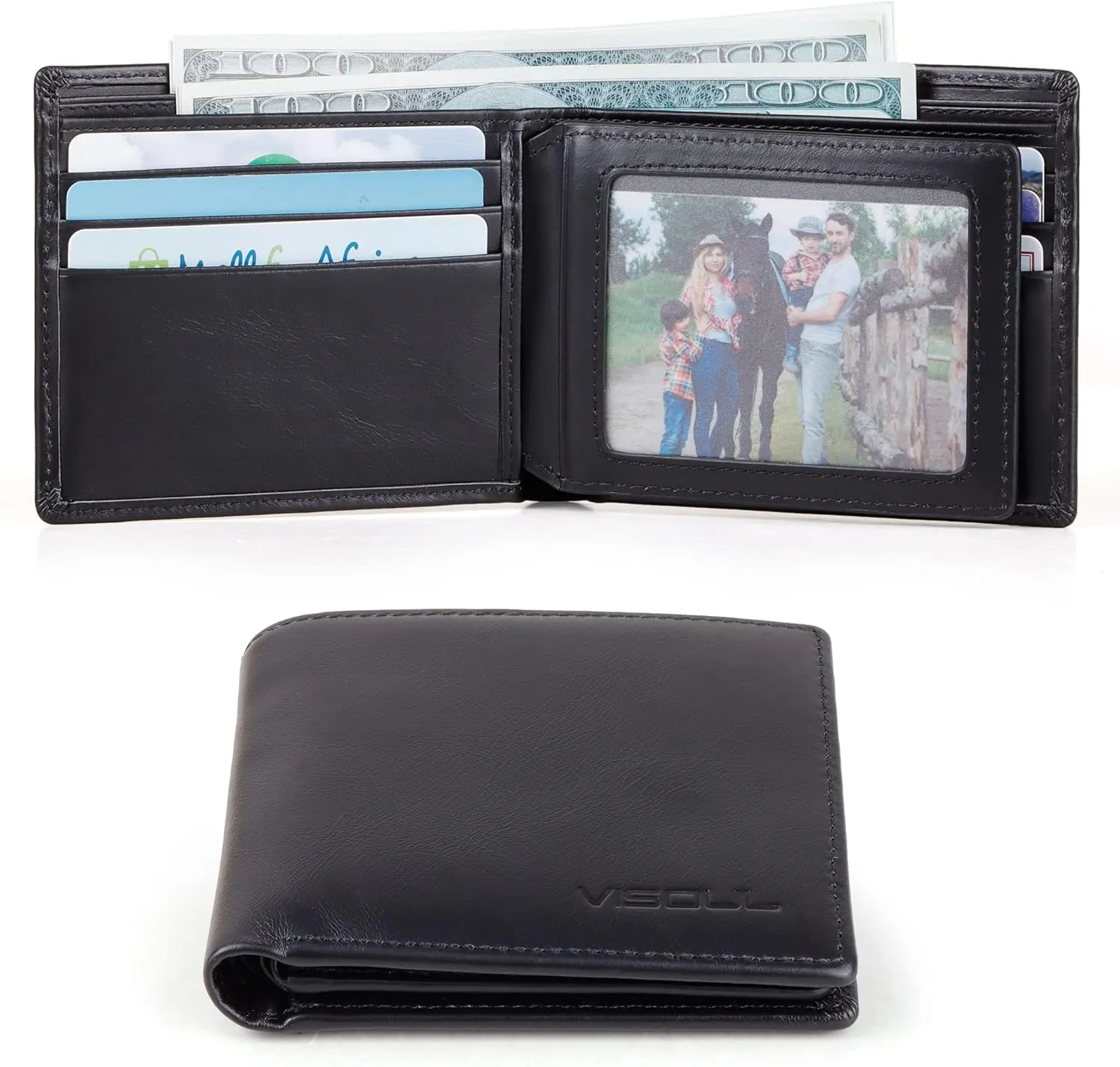 VISOUL Leather Mens Bifold RFID Blocking Wallet with 2 ID Windows, Leather Wallet for Men (Leather, Black)