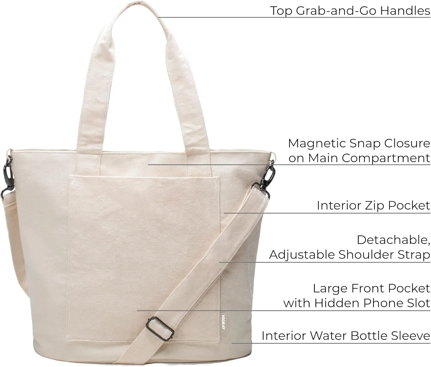 VOORAY 22L Zoey Tote Bag | Organic Cotton Material | Versatile Everyday Use | Fits Your Laptop | Water Bottle Sleeve