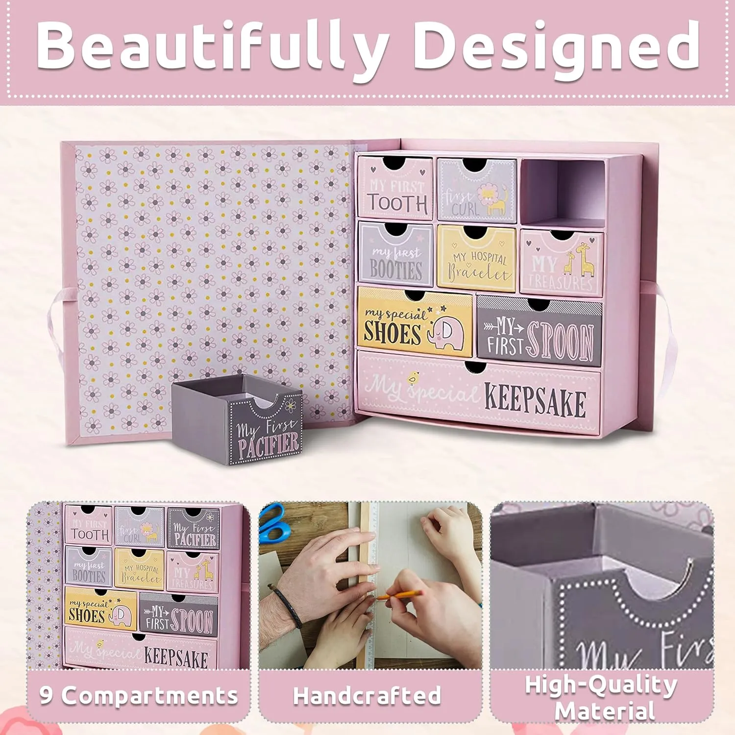 VOTUM Baby Keepsake Box for Treasured Memories, Fairytale - Lightweight, Handcrafted Baby Boxes with 9 Labeled Compartments for First Memories - Gender Neutral Baby Shower Gifts for Girls, Boys
