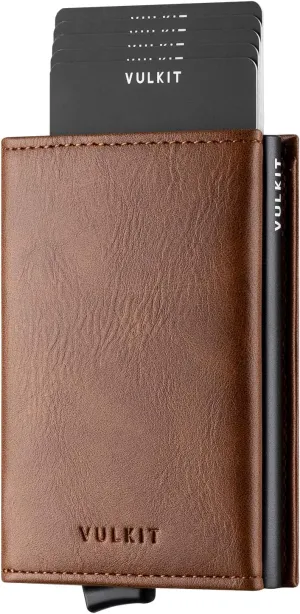 VULKIT Credit Card Holder Leather Bifold Pop up Wallet with Banknote Compartment, ID Window & Coin
