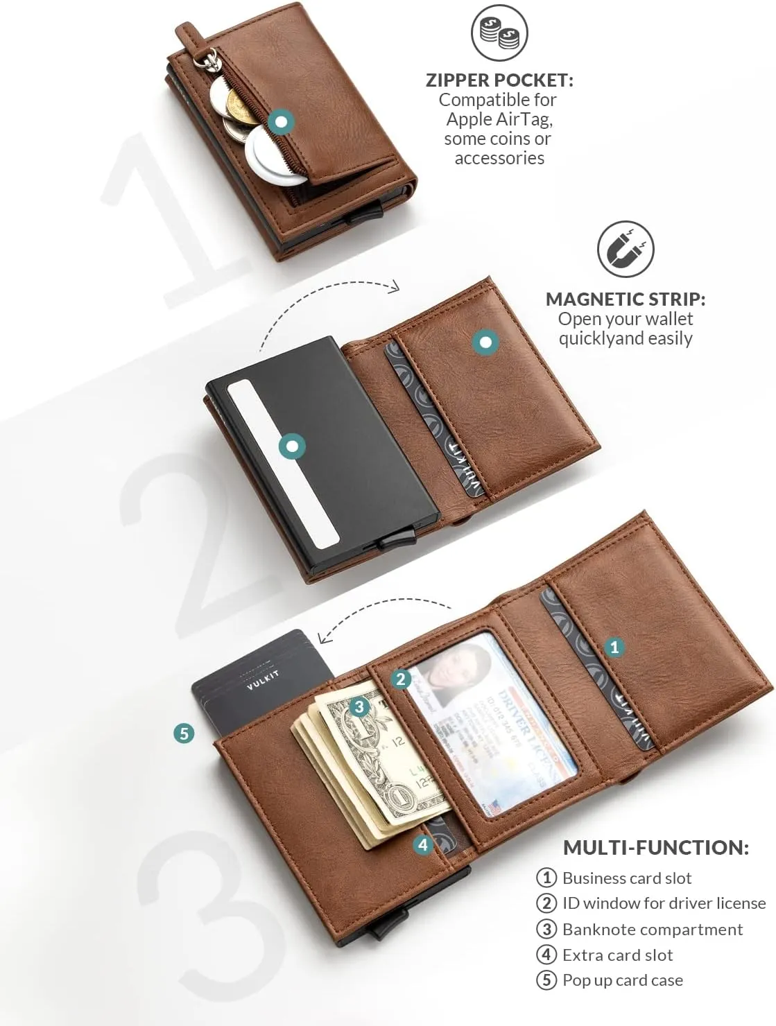 VULKIT Credit Card Holder Leather Bifold Pop up Wallet with Banknote Compartment, ID Window & Coin
