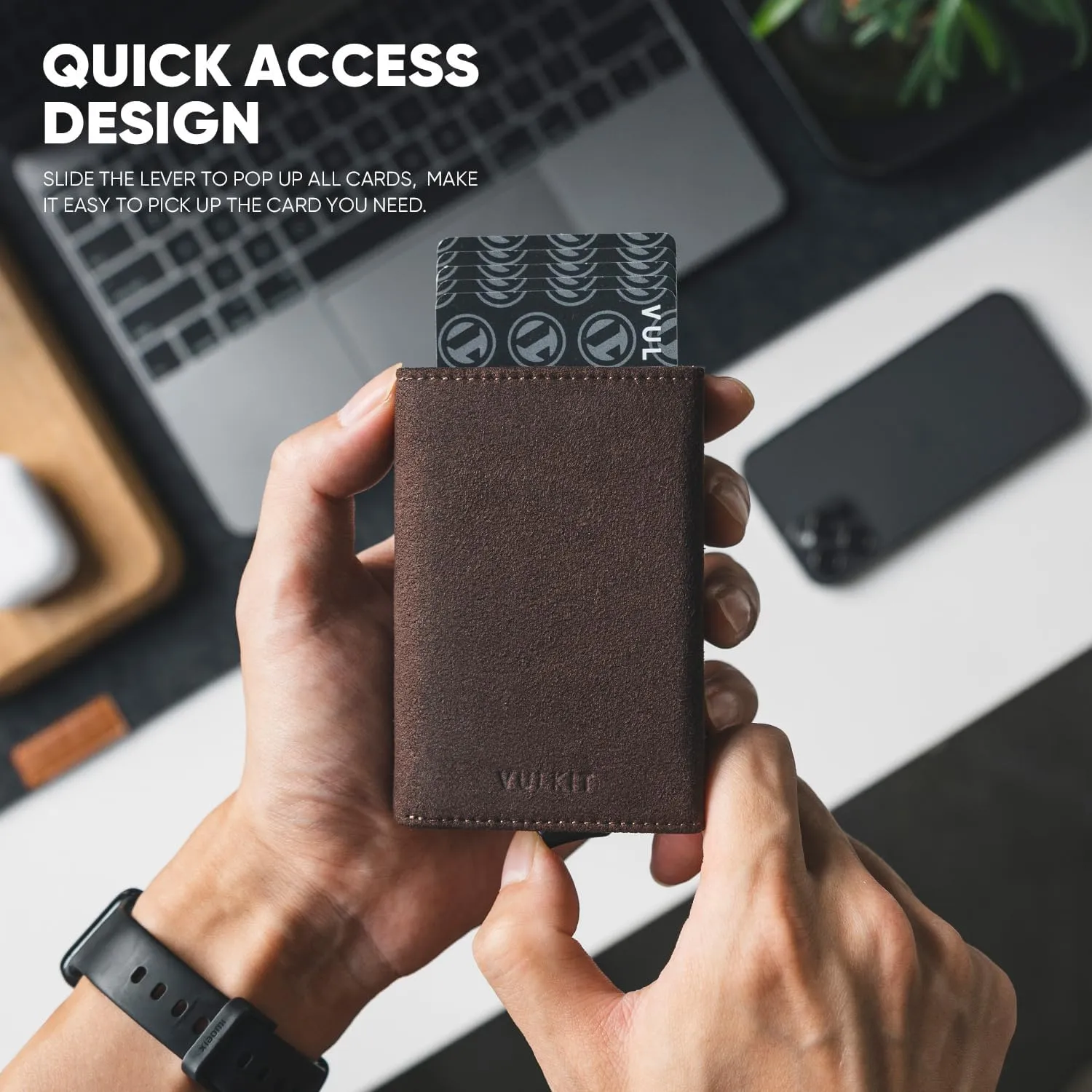 VULKIT Credit Card Holder Leather Bifold Pop up Wallet with Banknote Compartment, ID Window & Coin