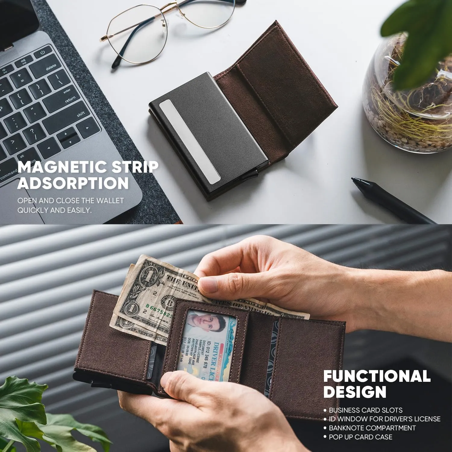 VULKIT Credit Card Holder Leather Bifold Pop up Wallet with Banknote Compartment, ID Window & Coin